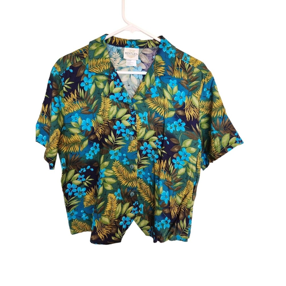 Sz Large Flowery Rayon Short Sleeved Buttoned Woman's Blouse Short Bentley